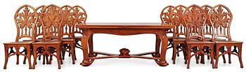 378. A Karl Tirén Art Noveau mahogany dining room set of furniture, comprising 15 pcs,by A.B Naeslunds Möbelfabrik.