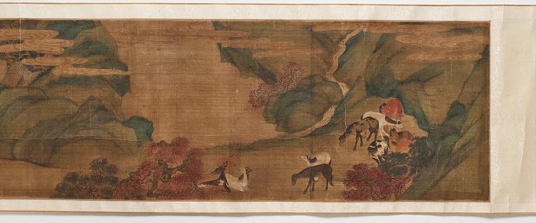 A long scroll painting after Zhao Yong (Zhao Zhongmu 1289-1369), ink and colour on paper and on silk, Qing dynasty.