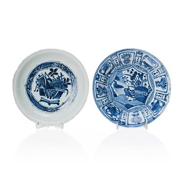 Two odd blue and white dishes, Ming dynasty, Wanli (1572-1620).