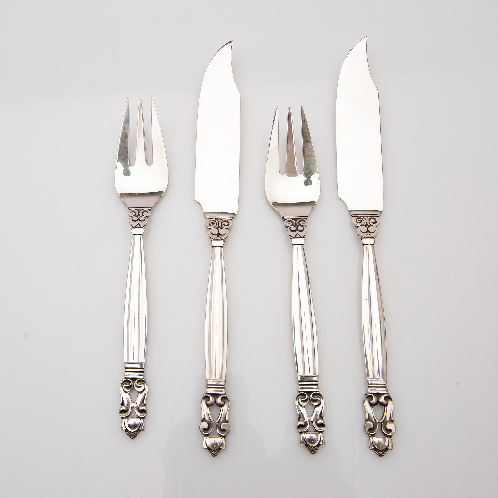 Johan Rohde, fish cutlery, 16 pieces, silver, "Konge / Acorn", Georg Jensen, Denmark.