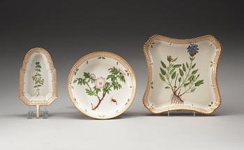 Royal Copenhagen, A set of Royal Copenhagen "Flora Danica" dishes, tazza, cake dish and jelly dish, 20-th century.