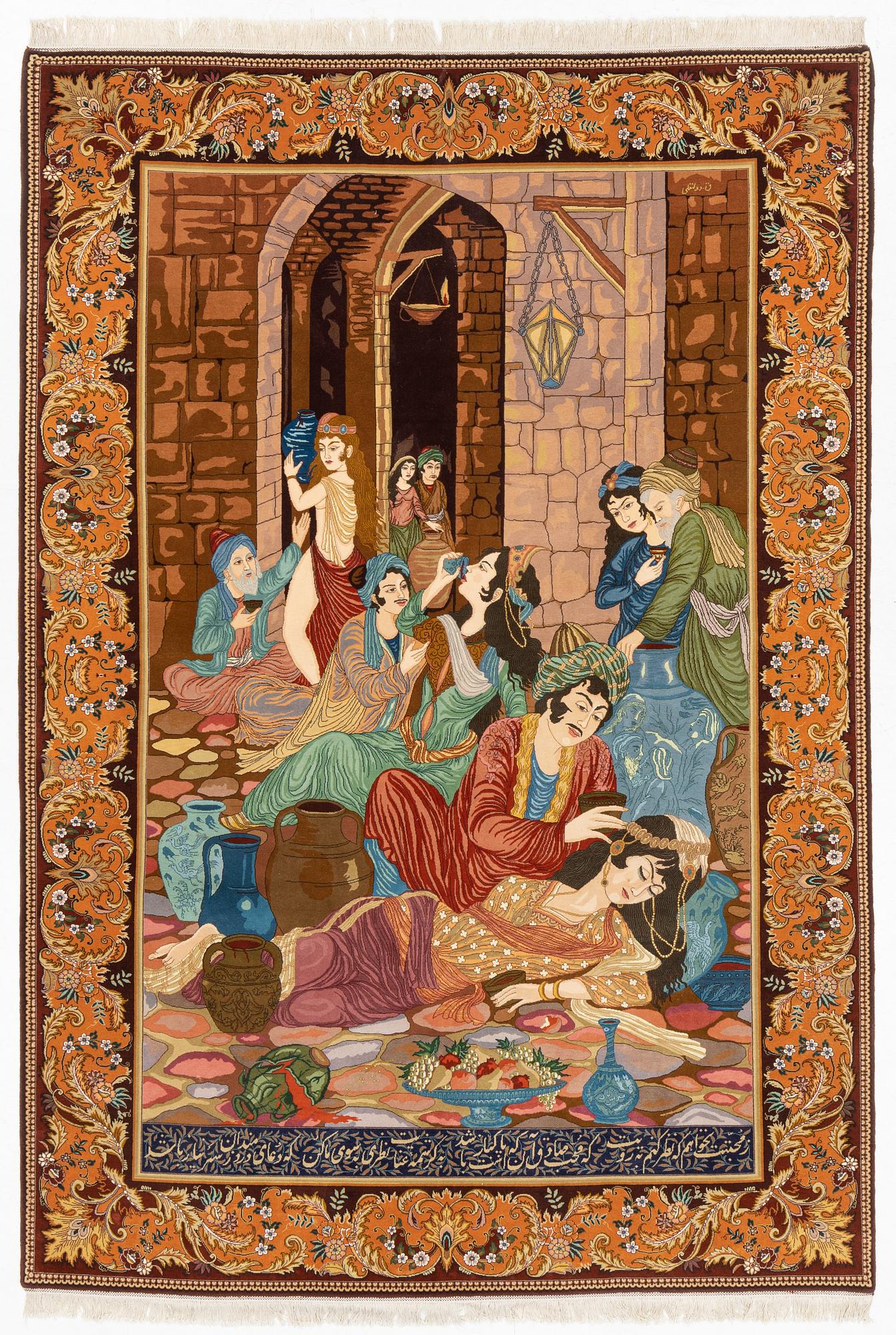 Rug, Tabriz, figural, signed, approx. 285 x 196 cm.