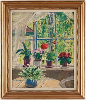 Olle Hjortzberg, Flowers on the window sill.