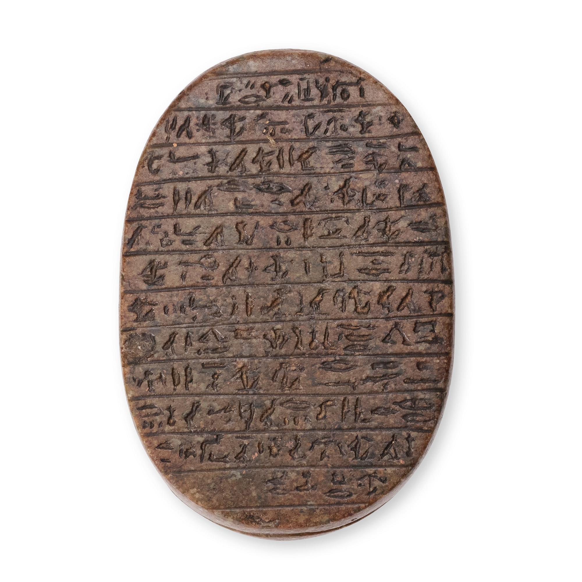 An Egyptian hardstone funerary scarab, probably Late Period, 26th-30th Dynasties, circa 664-343 B.C.