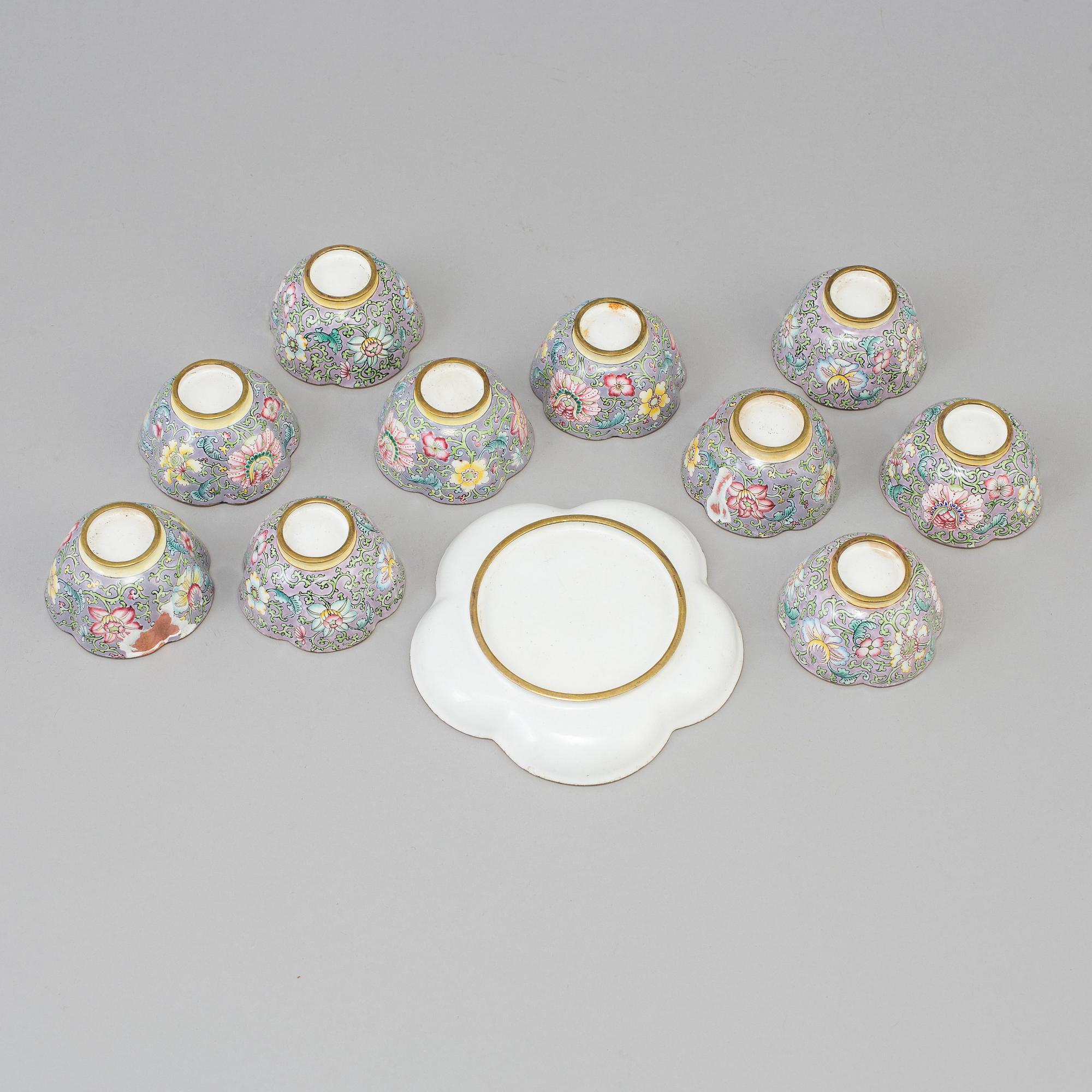 10 chinese cups with one dish, enamel on copper. late 19th/early 20th century.