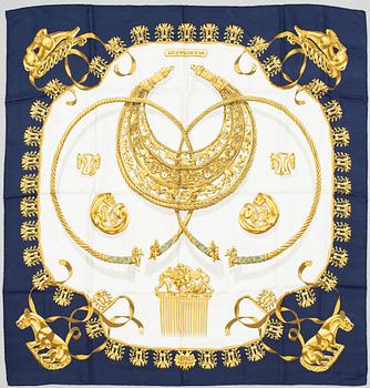 Hermès, scarves, two pieces, "La Promenade de Longchamps" & "Les Cavaliers d'Or".