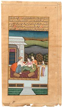 570. ALBUMBLAD, två styckenn, bläck och färg på papper med förgyllda detaljer. Indien, 1800-tal.