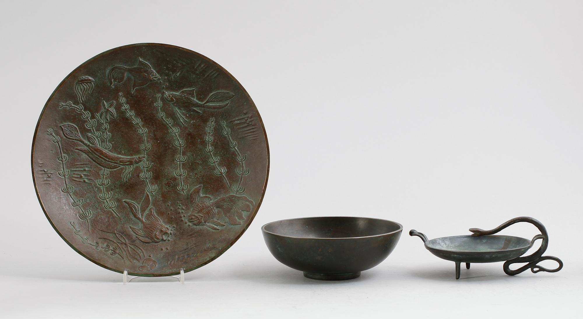 FAT SAMT SKÅLAR, 3 delar, brons, bla Gunnar Nylund, 1900-talets första hälft.