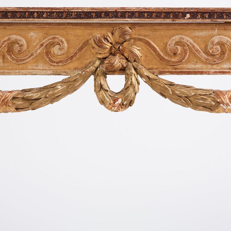 A Gustavian giltwood and faux-porphyry console table, late 18th century.