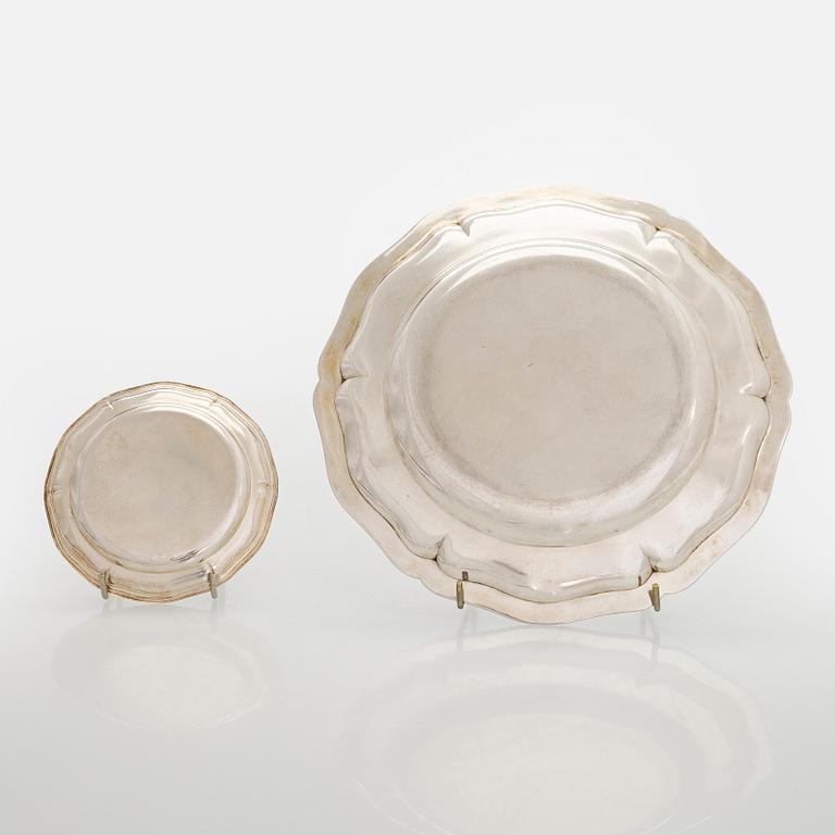A silver serving platter, and six similar coasters, Austria-Hungary 1867-1922 and Czechoslovakia 1949-1962.