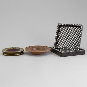 Four mid 20th century dishes by Stig Lindberg for Gustavsberg, two 'Domino', one 'Silur' and one signed.