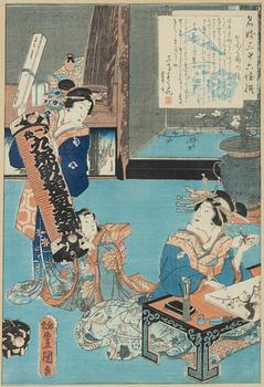 Utagawa Kunisada (Toyokuni III), Three woodblock prints, various motifs.