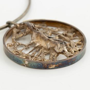 Lars Arby, four pendants with a chain and a neck ring, silver, Gothenburg 1965, 1969, 1976 and 1982.