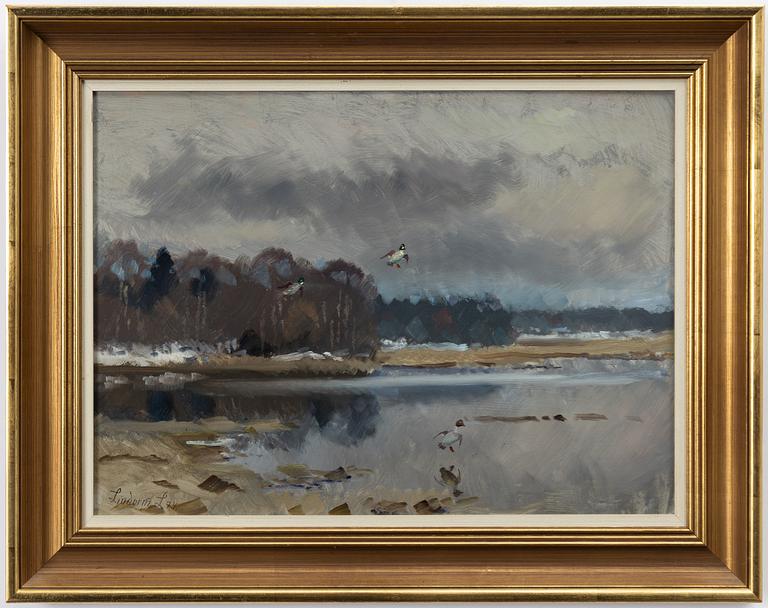 Lindorm Liljefors, Spring winter landscape with ducks.