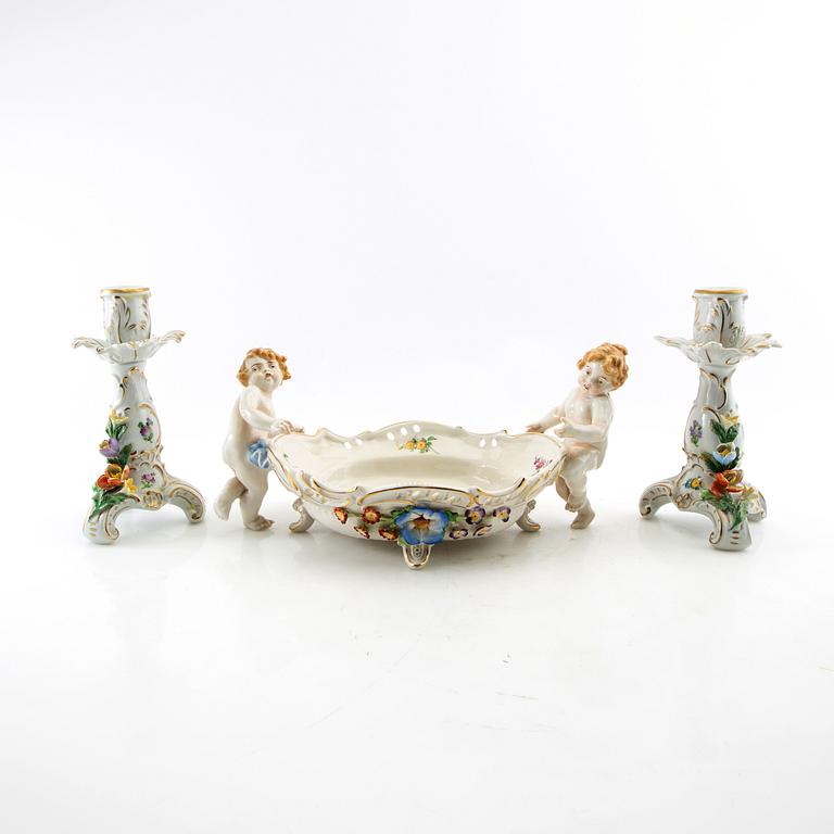 Bowl and candlesticks, a pair, Rococo style, Germany, first half of the 20th century, porcelain.