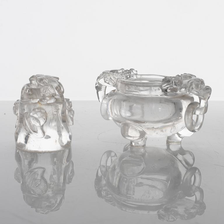 A Chinese rock chrystal tripod censer with cover, 20th century.