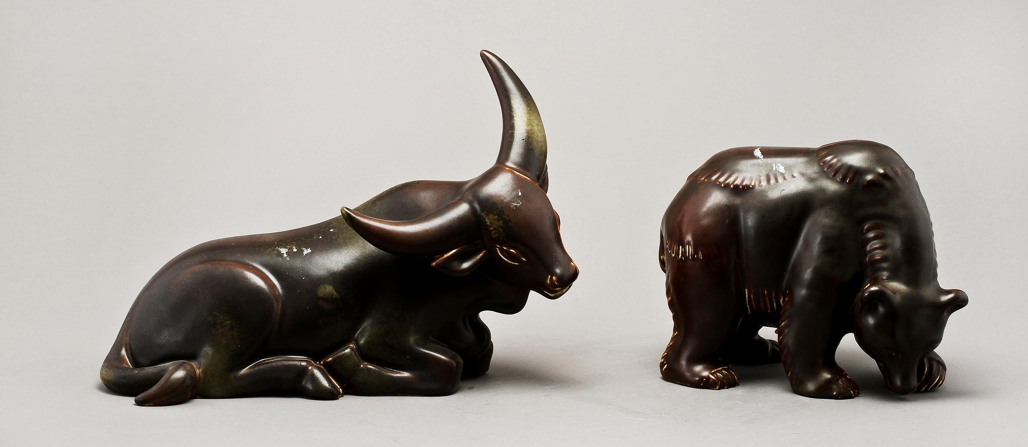 SKULPTURER, 2 st, stengods, Gunnar Nylund, Rörstrand.