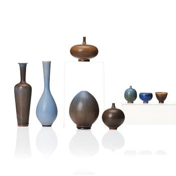 122. Berndt Friberg, a set of 6 stoneware miniature vases and two bowls, Gustavsberg studio, Sweden 1957-75.