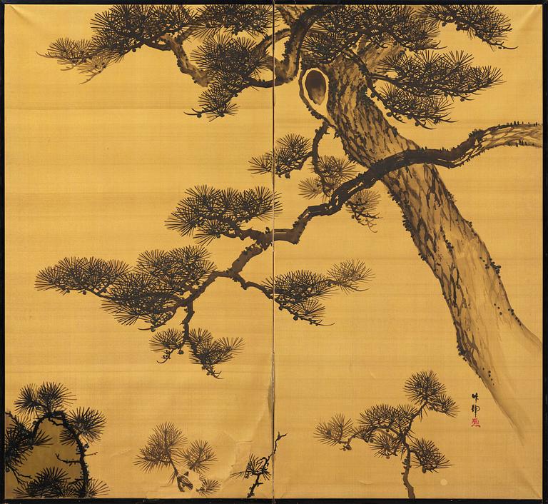 A Japanese two fold screen, Byobu, early 20th century, by unknown artist, signature perhaps to be read as Sakuho.