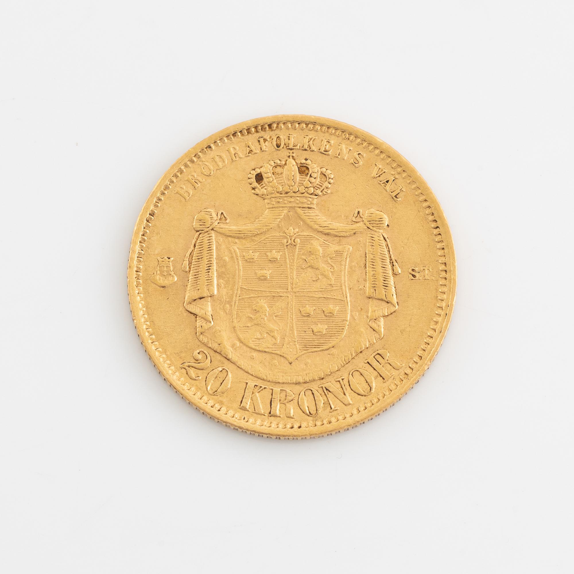 A Swedish goldcoin, 20 kronor, 1874.