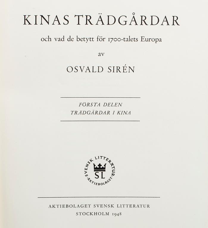 BOK, Kinas trädgårdar, vol I-II, Osvald Sirén, AB Svensk Litteratur, Stockholm 1948.