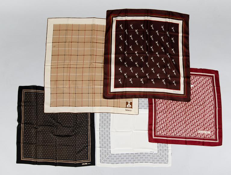SCARVES, 5 st, siden, vintage, Burberrys, Celine, Christian Dior och Daniel Hechter.