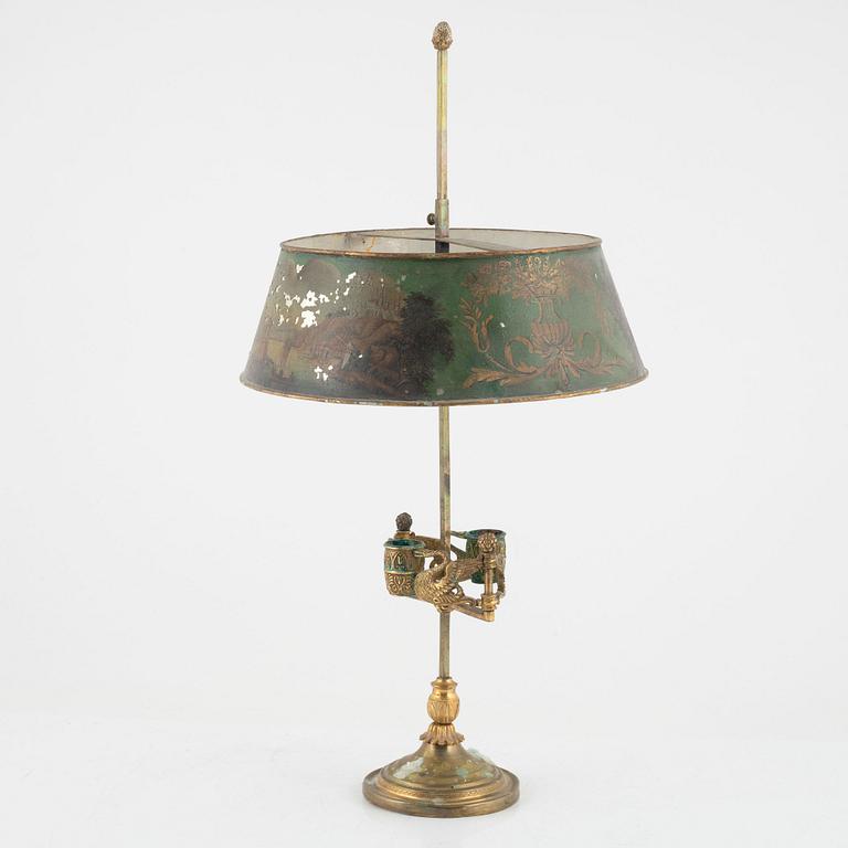 An Empire gilt bronze and tôle-peinte two-light reading lamp, early 19th century.