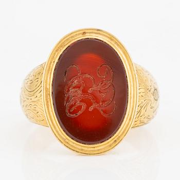 Ring, seal, 18K gold with carnelian and monogram, 1850s.