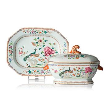 1296. A famille rose 'double peacock' tureen with cover and stand, Qing dynasty, Qianlong (1736-95).