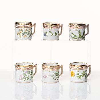 A set of six Royal Copenhagen 'Flora Danica' cups with saucers, Denmark, 20th Century.