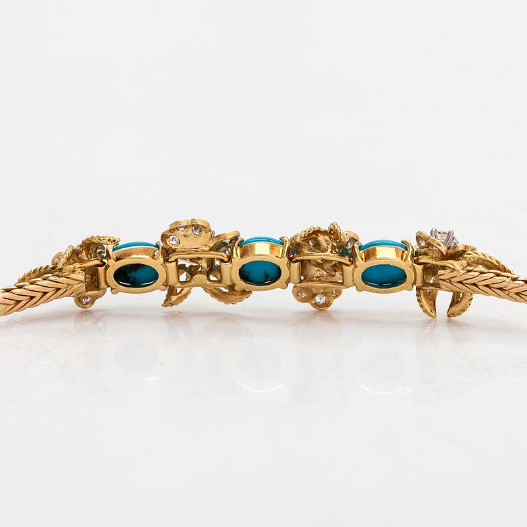 An 18K gold bracelet, turquoises and brilliant-cut diamonds totalling approximately 0.90 ct by René Kern, Germany.