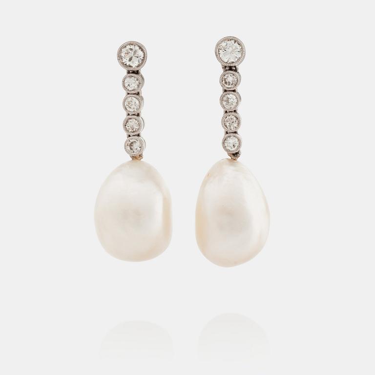 A pair of probably natural pearl and diamond earrings. Total carat weight of diamonds circa 0.54 ct.