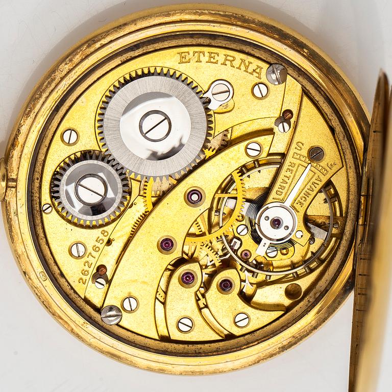 Eterna, pocket watch, savonette, 50 mm, 18K gold, chain 14K.