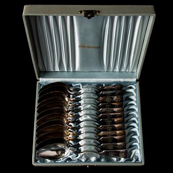 BESTICK, 62 delar, silver, "Mussla", Kultakeskus, Tavastehus, 1950-tal. Totalvikt utan knivar 1378,6 g.
