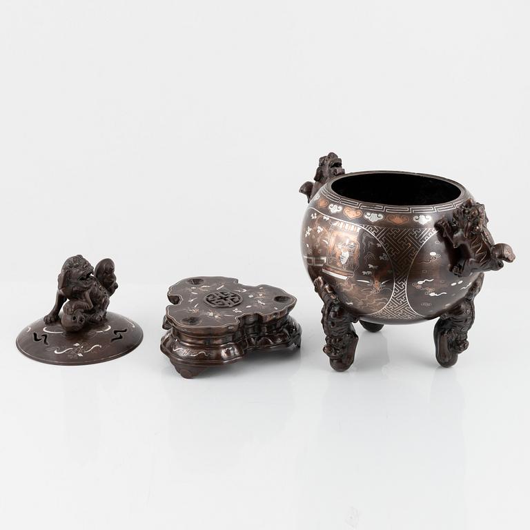 A bronze incense burner with cover and stand, China, 20th century.