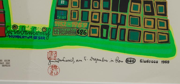 FRIEDENSREICH HUNDERTWASSER, färgserigrafi med metallprägling, signerad och numrerad 3506/10000.