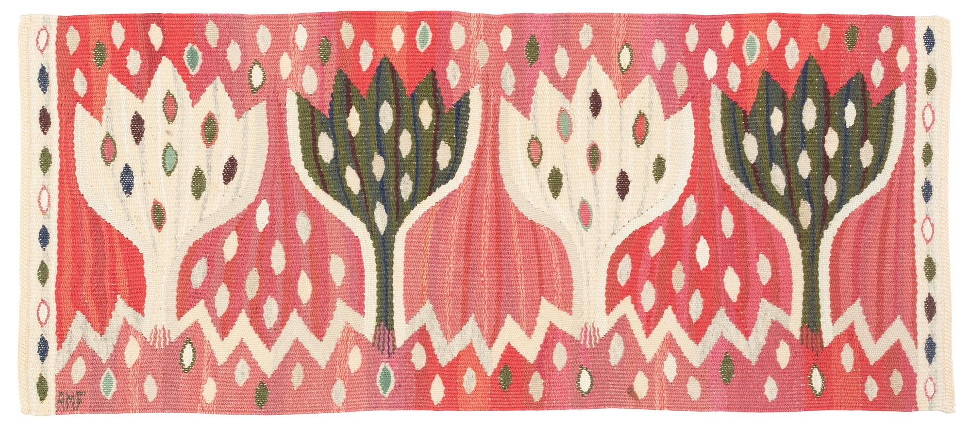 Ann-Mari Forsberg, vävnad, "Röd Crocus", gobelängvariant, ca 75 x 33 cm, signerad AMF.