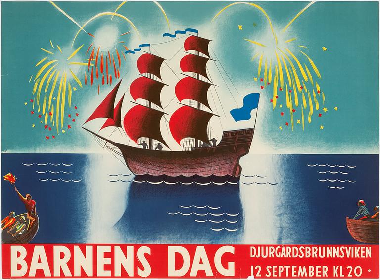 TORSTEN SCHONBERG, attributed to. A litohgraphic vintage poster, 'Barnens Dag', 1920's.