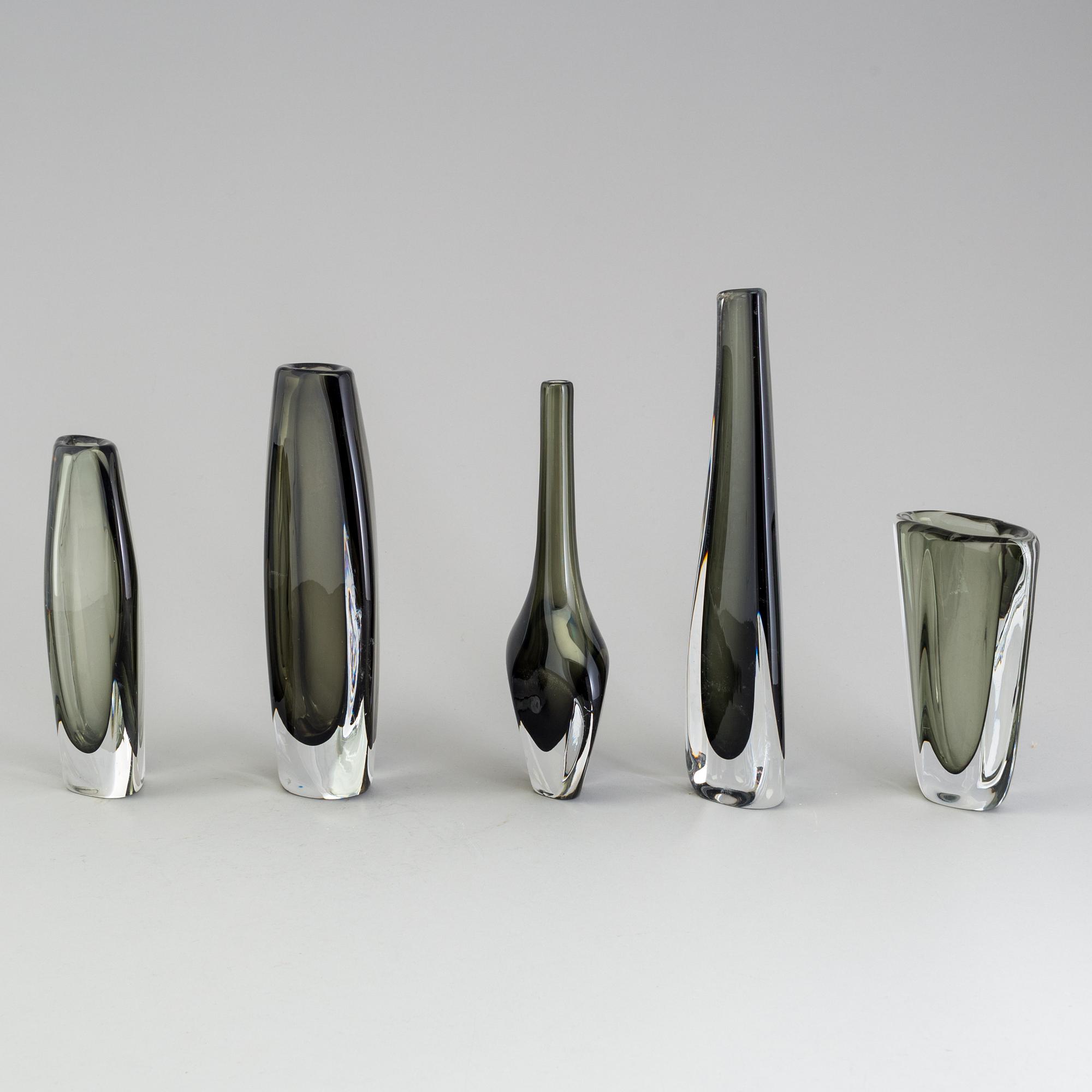 NILS LANDBERG, vaser, 5 st, Orrefors, signerade, 1900-talets mitt.