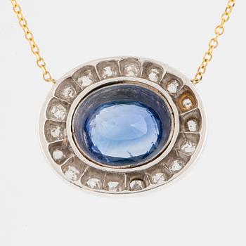 Sapphire and old-cut diamond cluster necklace, 18K gold.