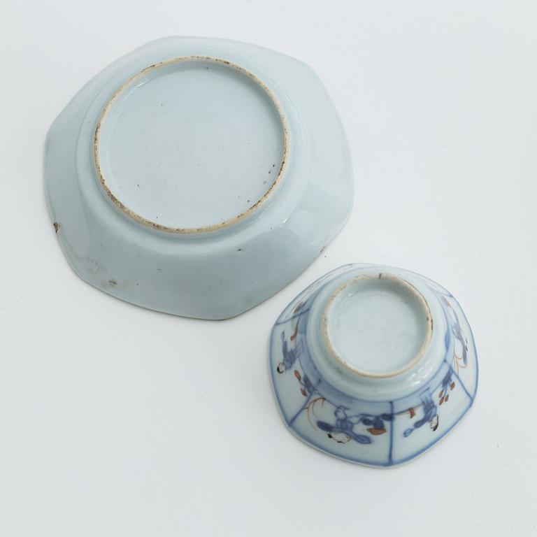 Three Chinese porcelain cups and saucers, Qing dynasty, 18th century.