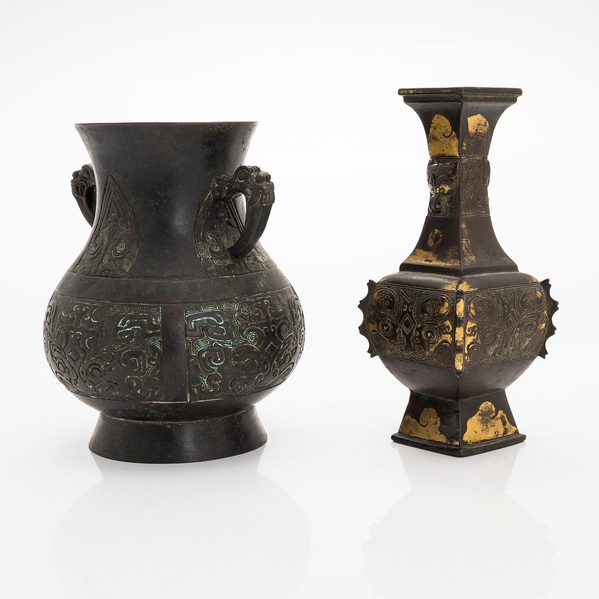Two bronze vases, one late Qing dynasty and one 20th century.