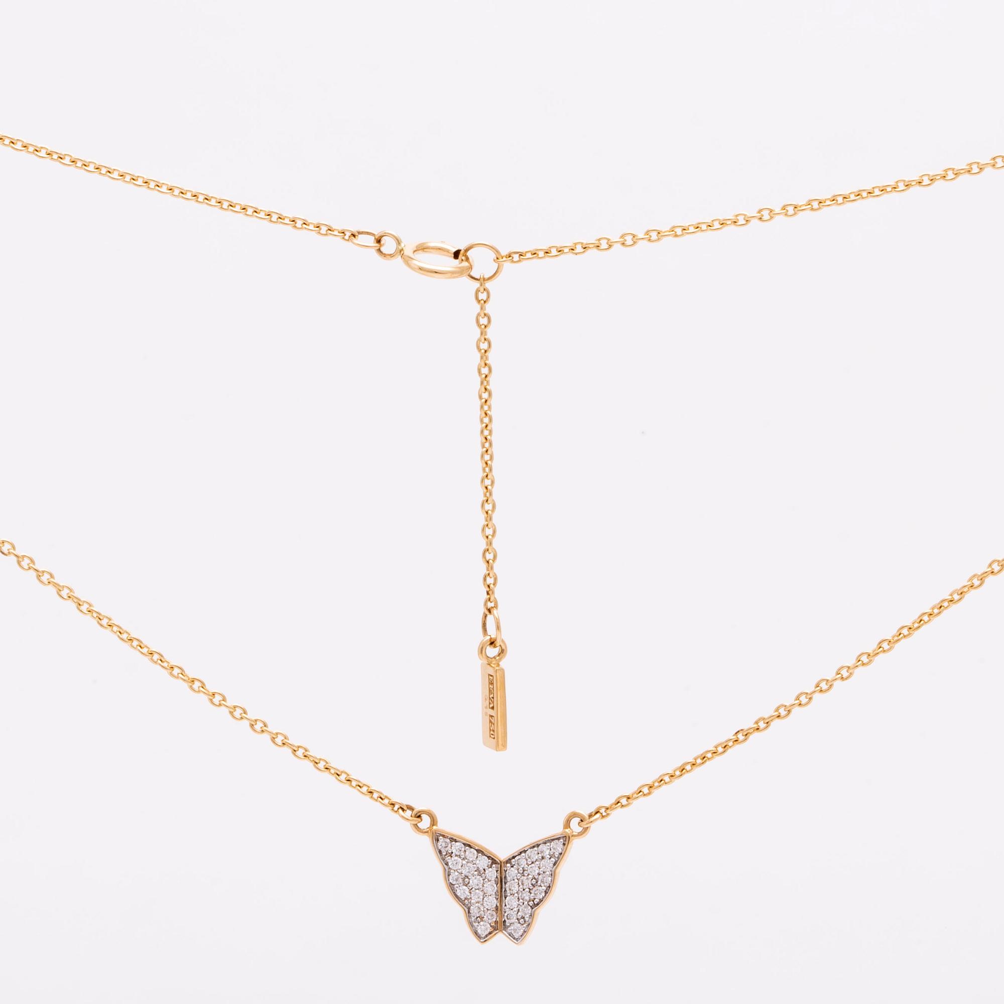Necklace 18K with brilliant-cut diamonds 0,16 ct inscribed, approx 45 cm, butterfly approx 1 x 1 cm, original case.
