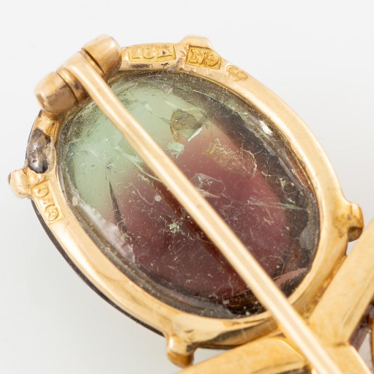 Brooch, Carlman, 18K gold with cabochon-cut tourmaline and pearls.