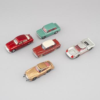 Five 1960s toy cars by Corgi and Dinky toys.