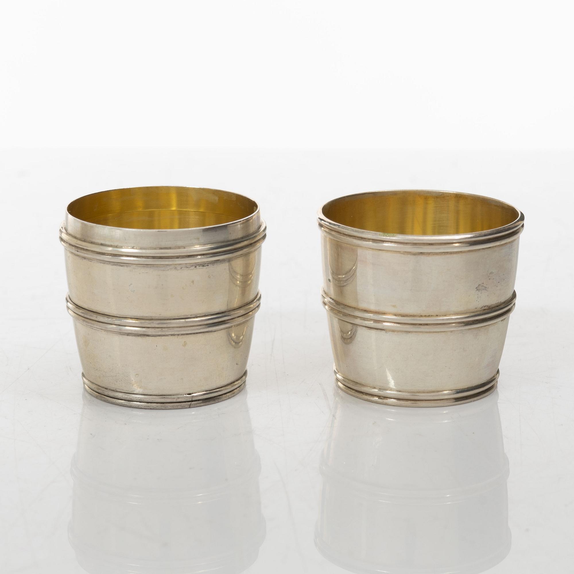 Six silver vodka cups, in the form of three detachable barrels, including mark of CF Carlman, Stockholm 1924.