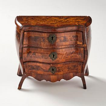 A Swedish rococo walnut parquetry miniature commode, later part 18th century.