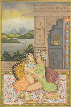 Unidentified artist, Erotic scenes in palace settings, India, 20th century. Four pieces.