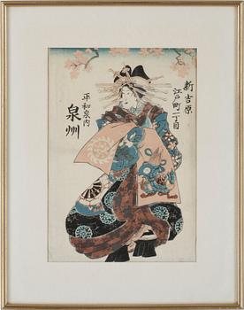 UTAGAWA KUNISADA (TOYOKUNI III), SAMT OKÄND KONSTNÄR, 2 st träsnitt, sign.