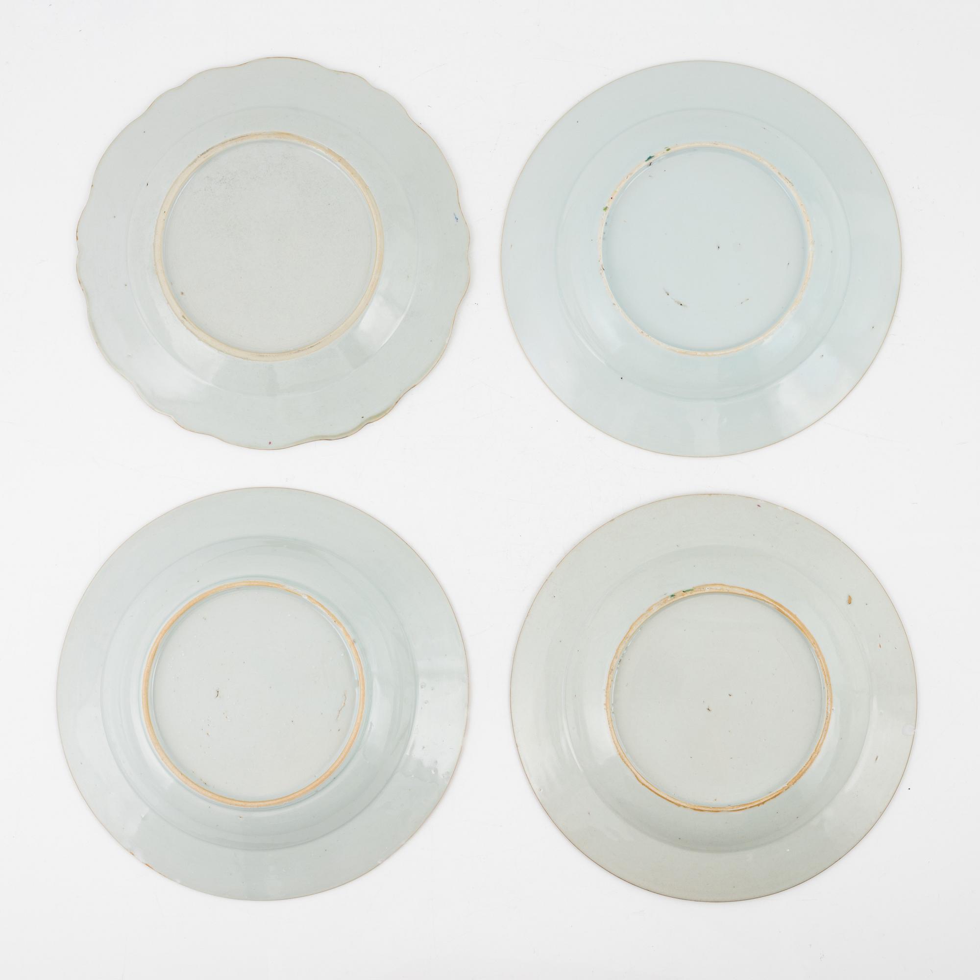 A set of four famille rose dinner plates, Qing dynasty, Qianlong (1736-95).
